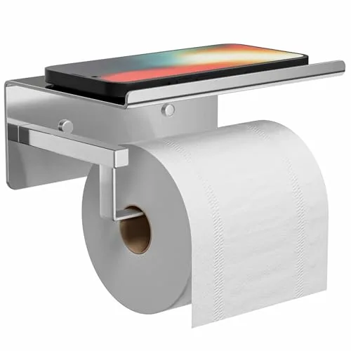 susswiff Soporte para papel higiénico con estante cromado – Soporte para rollos de papel higiénico, autoadhesivo, sin taladrar, soporte de papel higiénico para baño, acero inoxidable, plateado