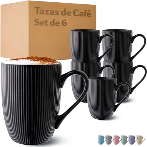 Cosumy Tazas para Cafe con Leche Grande - Juego de 6 Tazas para Café, Té y Capuccino en Color Negro - Diseño Único - Cerámica Mate - Aptas para Microondas & Lavavajillas