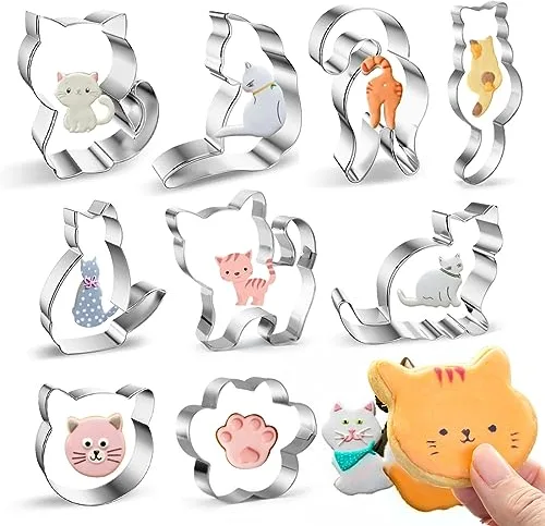 Moldes de Galletas Gato, Cortadores de Galletas, 9 Piezas Juego de Galletas Acero Inoxidable, Decoración para Hornear Fondant Pastelería para Niños