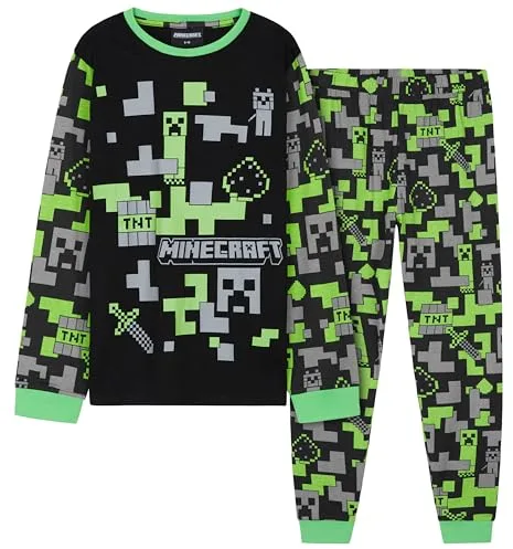 Minecraft Conjunto de Pijama Niño, Pantalón y Camiseta Largos - Regalo Niños y Adolescentes (Negro/Verde, 11-12 años)