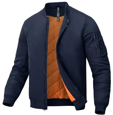 MoFiz Hombre Chaqueta Bomber Acolchado Vintage Invierno Cálida Cazadora Bombardero Grueso Abrigo Bolsillos con Cremallera Azul Marino EU 3XL