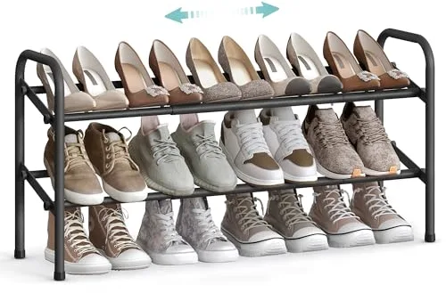 SONGMICS Zapatero Extensible, Zapatero de Metal de 2 Niveles, Organizador de Zapatos Ajustable, Estante Zapatos para Pasillo, Armario, Puerta, Fácil Montaje, Negro Tinta LMR029B01