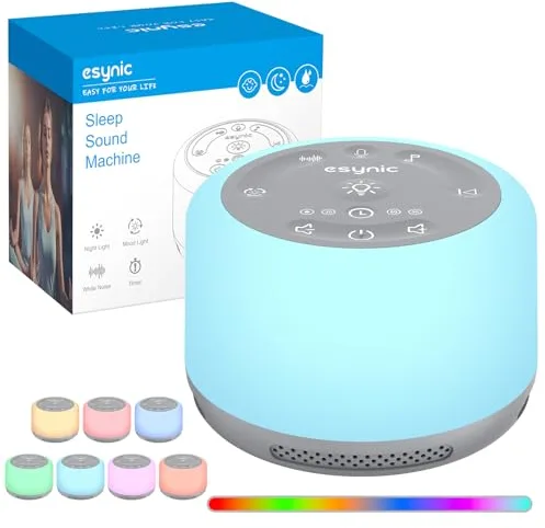 eSynic White Noise Máquina de Ruido Blanco Máquina de Sonido Portátil para Dormir para Bebé con 30 Tipos de Sonidos Relajantes, Luz Nocturna Ajustable,Temporizador