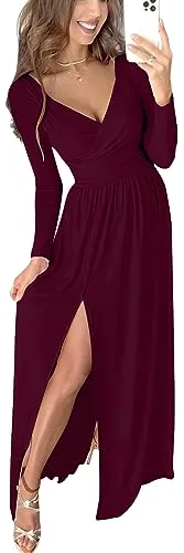 JENJON Vestidos de Mujer 3.0 V Cuello Elegante Manga Larga Maxi Elastica Vestido de Casual Otoño e Invierno