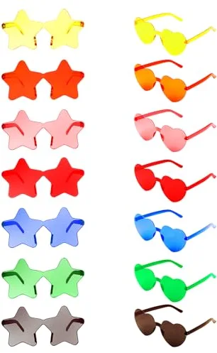 14 Pares Gafas De Fiesta, Gafas de Corazón y Gafas de Sol En Forma de Estrella Sin Montura, Lentes Transparentes, Hippy Gafas de Sol para Carnaval, Navidad,Fiesta De Cumpleaños, Despedida Soltera