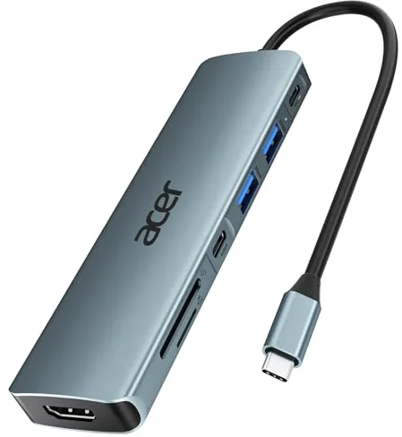 acer Hub USB C 7 en 1, Docking Station Tipo C, Adaptador HDMI a USB C con 2X USB 3.0 y USB C 5Gbps, Hub HDMI 4K@30Hz, PD 100W, Lector de Tarjetas SD/TF, Compatible con iOS, Android, PC y Portátiles