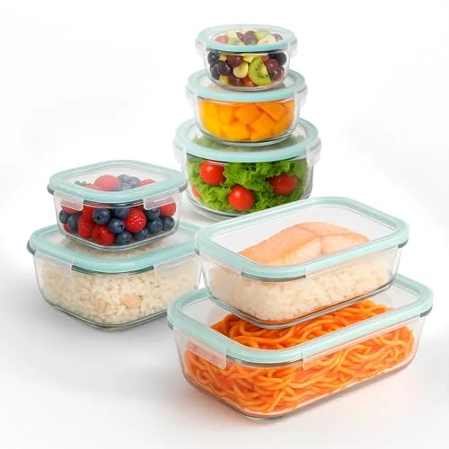 edihome, Recipientes de Cristal para alimentos, 14 Piezas (7 recipientes + 7 tapas), para Comida Hermetico, Apto para lavavajillas, congelador, microondas, sin BPA (7 Recipientes)