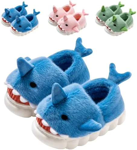 DRECAGE Zapatillas de Estar por Casa para Niñas Niños Pantuflas de Invierno Peluche Antideslizante Zapatillas de Interior de Tiburón Dibujos Azul 24-25