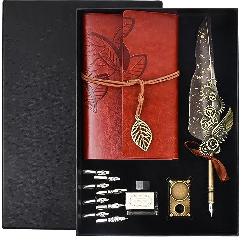 volumoon 12 Piezas Juego de Pluma Inmersión, Pluma de Escribir Vintage, Set de Plumas Caligrafía con 8 Puntas Adicionales, Tinta, Cuader Cuero y Titular Pluma, para Caligrafía Escritura Dibujo Regalo
