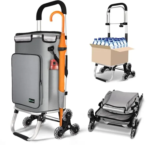 VOUNOT® Carrito Compra Plegable de Aluminio, Carro de la Compra 6 Ruedas con Bolsa Impermeable Desmontable y Ganchos, 60L, Gris