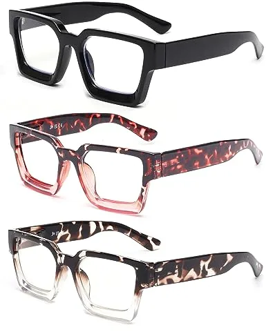 JM Paquete de 3 Gafas de Lectura Cuadrados, Gafas Presbicia con Bloqueo a Luz Azul Para Mujere Hombre Bisagras de Resorte +1.25