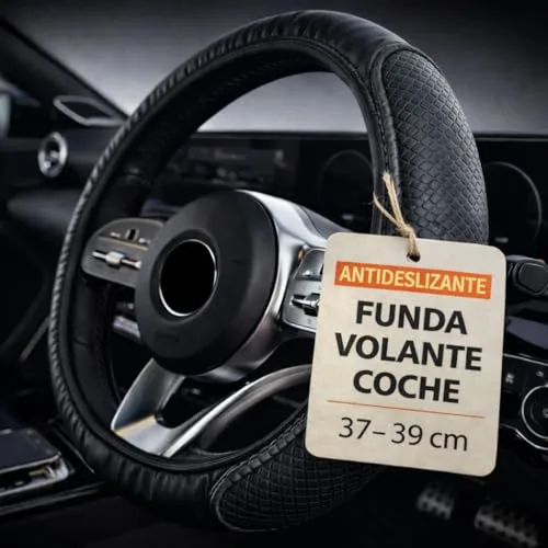 CAELLUMA Funda Volante Coche Universal 37-39 Centímetros de Cuero Sintético Antideslizante · Fácil de Instalar · Compatible con Airbag · Resistente al Sol y al Uso Diario (Negro)