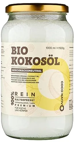Aceite de Coco Orgánico CocoNativo Inodoro 1000mL (1L) - 100% virgen - Crudo, sin olor, prensado en frío - Perfecto para cocinar, hornear y freír-Para el cuidado de la piel y el cabello-Para mascotas