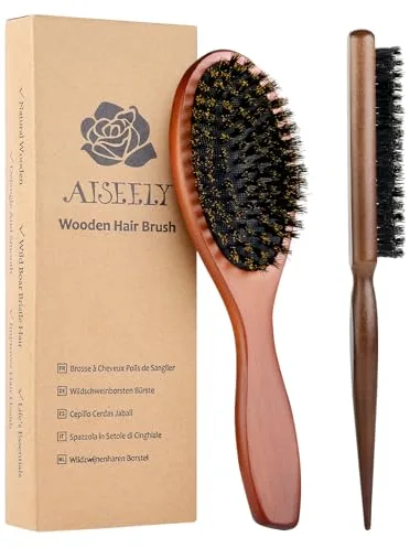 AISEELY 2Pcs Cepillo de Pelo de Cerdas de Jabalí Cepillo de Cola Peine Profesional Peine de Salón para Cabello Largo y Grueso, Ondulado, Seco o Dañado, Reduciendo la Rotura del Cabello