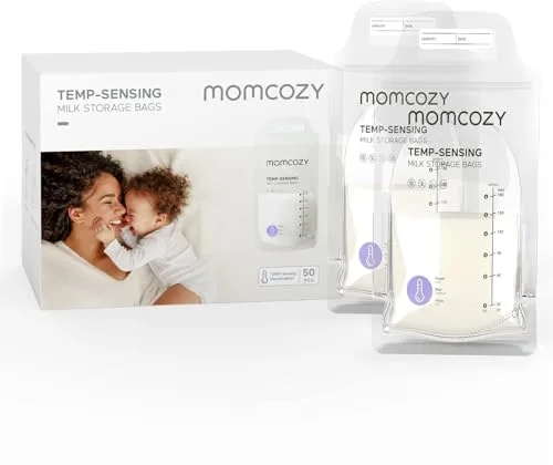 Momcozy 50 Bolsas de Almacenamiento, Bolsas de Almacenamiento de Leche Materna con Detección de Temperatura, Bolsas de Almacenamiento de Leche Desechables con 180mL Autónomas