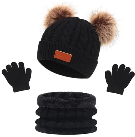 LINSOCLE Conjunto Gorro Bufanda y Guantes Niña-Niño, Set de Bufanda Sombrero Guantes para Niños en Invierno, Gorro de Lana con Pompones y Braga de Cuello Polar para Niños de 2 a 6 Años