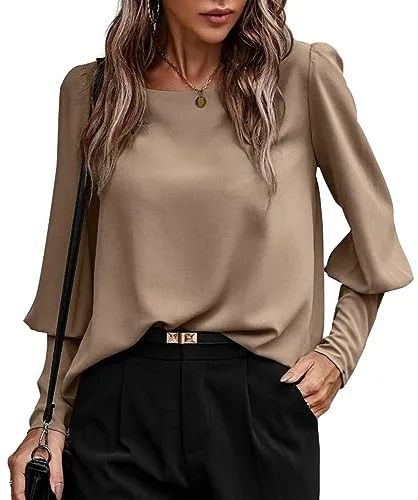 KONFEN Camiseta de Manga Larga Mujer, Blusa Camisa Cuello Redondo Botón Tops con Mangas Farol, Camisetas de Manga Larga Elegante Shirts Sueter Casual para Otoño Invierno Primavera, Marrón L