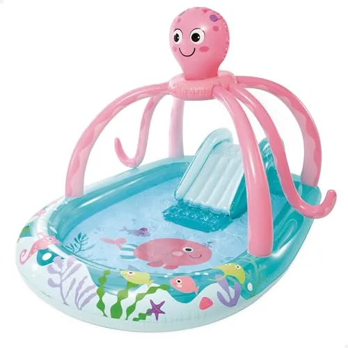 INTEX Piscina Infantil Hinchable con tobogán con Base Acolchada, dispersor de Agua y Juego Lanzamiento Anillas, Diseño Pulpo, Incluye Parche reparación, Centros de Juego para niños, 2 años (56138)