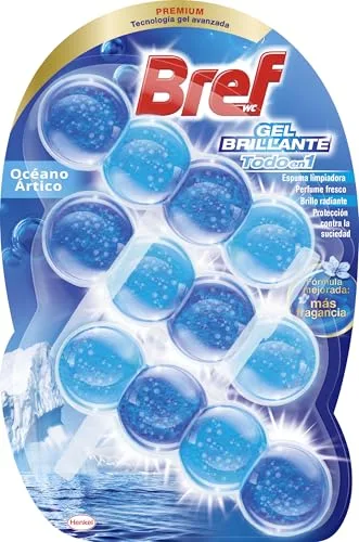 Bref Power Océano Ártico Gel Brillante (3 unidades), limpia baño con fórmula Todo en 1, cesta higiénica y protectora para inodoro, con aroma a Océano Ártico, limpiador baño para un WC brillante