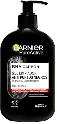 Garnier PureActive BHA Carbón Gel Limpiador Anti Puntos Negros Con [BHA+Carbón] Purifica Intensamente Los Poros, Reduce Puntos Negros Y Grasa 250Ml
