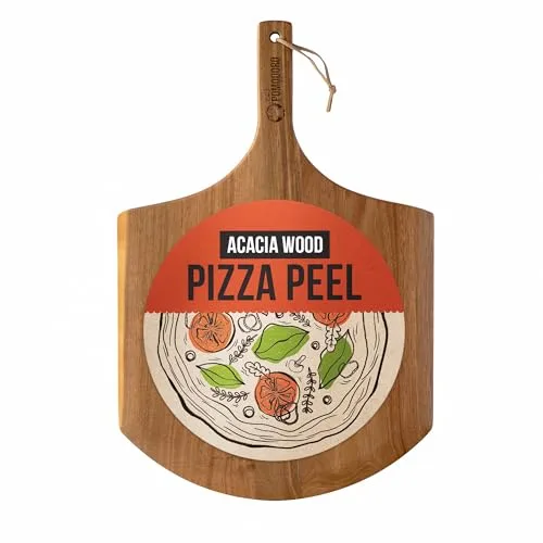 Chef Pomodoro Pala Pizza 35.5 cm, Tabla Pizza Horno de Madera de Acacia para Hornear Pizza Casera y Pan, Bandeja Madera Aperitivos, Embutidos y Quesos, Utensilios de Cocina para Pizzeros