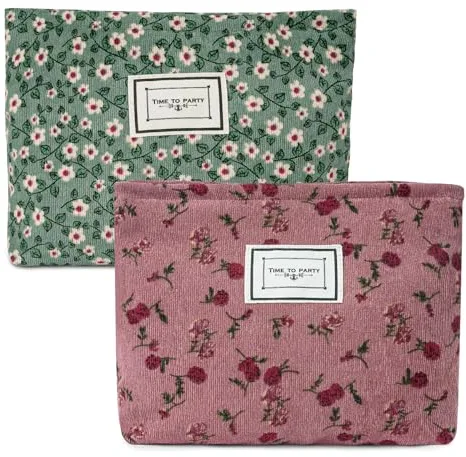 Aucuu Neceser Maquillaje Mujer, 2 Pcs Bolsas de Cosméticos de Tejido de Pana con Cremallera, Neceser de Maquillaje Floral,Neceser de Viaje Portátil, Multifunctional Organizador para Viaje -Verde+Rosa