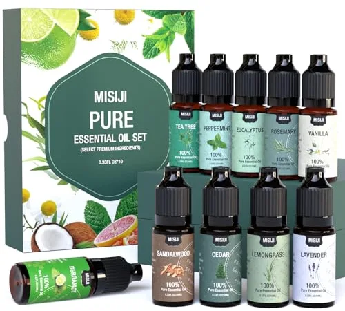 MISIJI Juego de aceites esenciales 10 perfumes - Aceites esenciales para difusores para el hogar, perfumes de aceites difusores para aromaterapia, lavandería, fabricación de velas y jabón