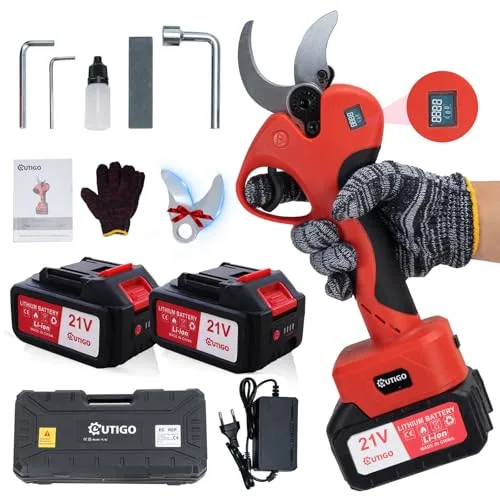 OUTIGO Tijeras de Podar Eléctricas, Tijeras de Podar con Baterías 2x3000mAh, Tijeras de Poda de 40 mm con Display, Tijeras de Podar 800W con Motor Brushless para Jardinería, Árboles Frutales, Viñedos