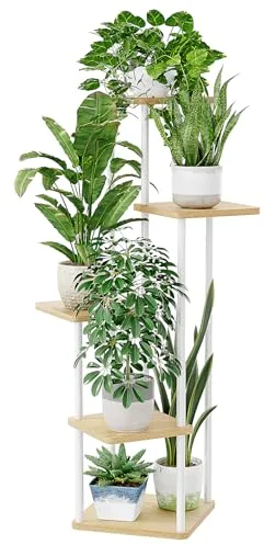 Bamworld Soporte para Plantas Esquinero Estantería para Plantas Alta de Metal para Múltiples Plantas, Soporte Plantas Interior de 5 Niveles para Patio, Jardín, Balcón, Sala de Estar (Blanco)