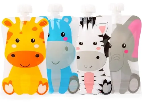 HOMYBABY® Bolsas reutilizables comida bebe [4 unidades] - Bolsas de fruta reutilizables para alimentacion complementaria bebe - Recipiente bebe comida de divertidos animales