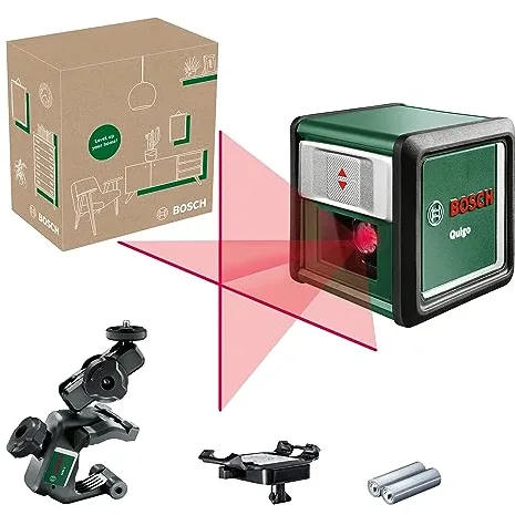 Bosch láser de líneas cruzadas Quigo con abrazadera universal MM 2 (alineación fácil y precisa con posicionamiento flexible gracias a la abrazadera universal, en caja para e-commerce)