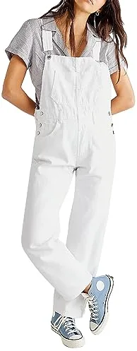PDYLZWZY Monos de mezclilla para mujer, ajuste holgado, peto clásico, pantalones vaqueros casuales, mono elástico de mezclilla, overol, pantalones vaqueros cónicos, Blanco, S