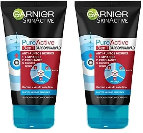 GARNIER Skin Active - Pure Active, Gel Limpiador de Poros y Exfoliante Facial con Carbón 3 en 1, 150 ml (Paquete de 2)