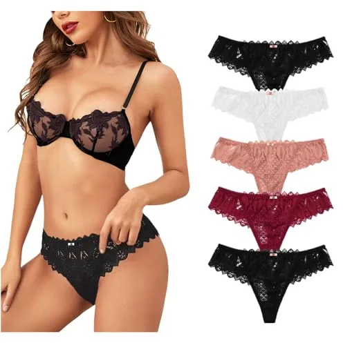 Lishang 5er Tangas Mujer Pack Sexy Bragas Encaje Mujer Ropa Elástica Braguitas Culotte Transparente Cintura Baja Ropa Interior Femenina, Multicolor, Talla L
