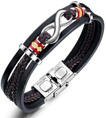 HOGALTHY Pulsera España hombre de cuero y acero inoxidable - Regalos Originales hombres- Pulseras infinito con bandera española de 21 cm y cierre de seguridad - Brazalete ajustable