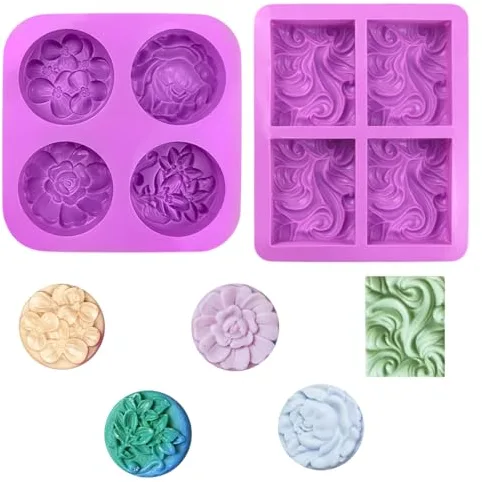 2 Piezas Moldes Cuadrados de Jabón de Silicona, 4 Cavidades Moldes Hacer Jabon Formas de Flores, Moldes para Jabones Artesanales, Reutilizable, Antiadherente, para Jabón, Manualidades Decorativas