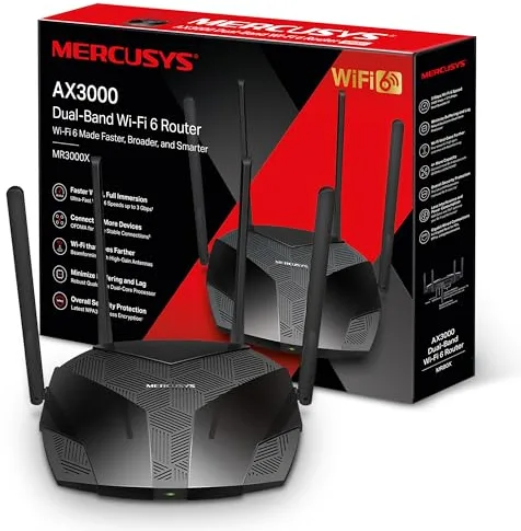 Mercusys Routeur WiFi 6 3000Mbps, Routeur WiFi Bi-Bande, 4 Ports RJ45 Gigabit, 4 antennes 5dBi, MU-MIMO, WPA3, Connexion intelligente, Contrôle Parental, Technologie BSS Color, MR3000X
