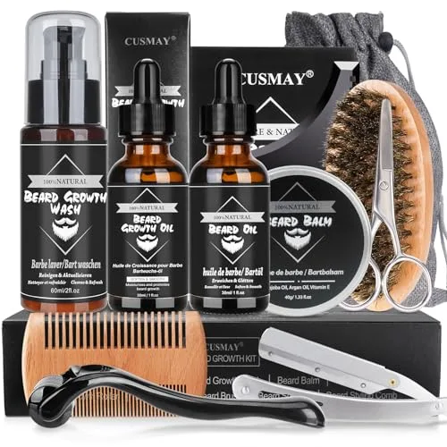 CUSMAY Kit Barba Cuidado para Hombres,Kit Cuidado Barba Hombre Completo con Champú Barba, Aceite Barba, Bálsamo, Afeitadora, Rodillo, Cepillo, Peine, Tijeras, Bolsa de Viaje, Regalos para Papá, Novio