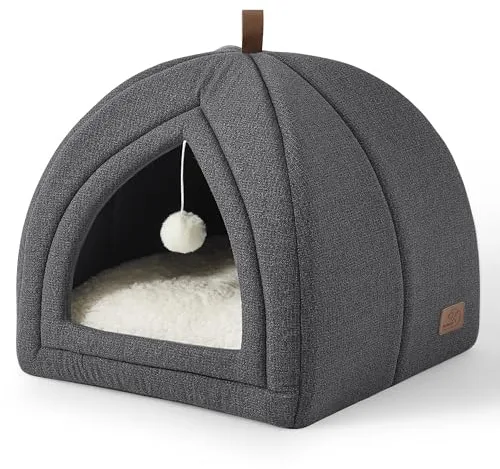 Bedsure Cama para Gatos Grande - Cueva para Gatos 40 x 40 x 40 cm, Casa para Gatos de Interior con Cojín Sherpa Extraíble y Juguete Colgante, Cama Lavable, Gris Oscuro
