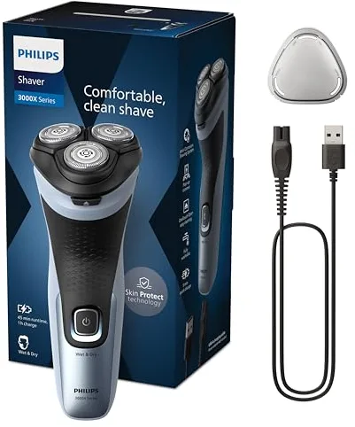 Philips Serie X3000 Afeitadora Eléctrica Hombre, Máquina de Afeitar Barba con Cortapatillas, 27 cuchillas, Cuida la piel, 45min de uso, En Seco y Húmedo, Recargable, X3053/00, Azul