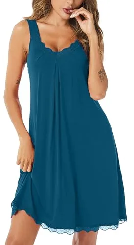 Uniexcosm Camisón de Mujer Algodon Camisones Mujer Sexy sin Manga Camisón con Tirantes Antideslizantes Cuello en V Ropa de Dormir Vestido Ligero y Suave para Hogar Azul Cobalto XL