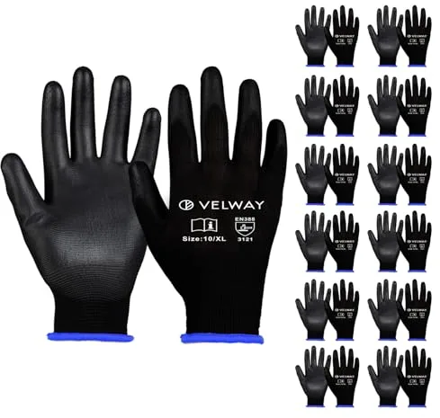 Velway 12 Pares Guantes de Trabajo - Guantes de Protéccion para Hombre Talla 10 Alta Resistencia - Recubrimiento de Poliéster PU - Versátiles Protección Mecánica Industrial Jardinería Pintura - Negro