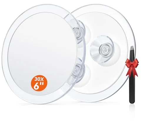 Auxmir Espejo de Aumento 30X 15cm con 3 Ventosa, Espejo de Maquillaje para Pared Baño, Espejo Portátil Redondo para Viaje, Transparente