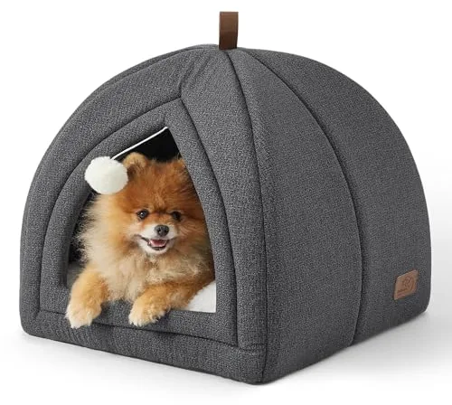 Bedsure Cama para Gatos Grande - Cueva para Gatos 44 x 44 x 44 cm, Casa para Gatos de Interior con Cojín Sherpa Extraíble y Juguete Colgante, Cama Lavable, Gris Oscuro