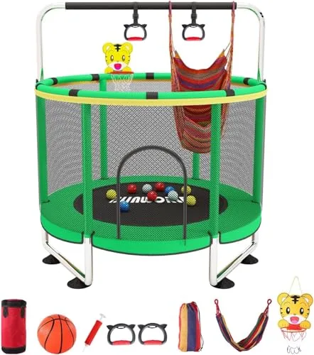 Trampolín para niños, cama elástica ajustable para bebés con aro de baloncesto, 440 libras, para interiores y exteriores con recinto (verde)