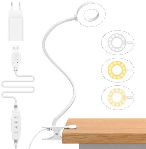 iZELL 23 LED Luz Lectura con Clip [3 Colores y 10 Brillos] Flexo LED Escritorio con Pinza, 40CM Lámpara de Mesa pare Estudio Trabajo Leer Lámparas de Escritorio Regulable con Cuello de Cisne -Blanco