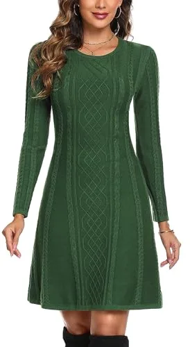 Aottori Vestido de Punto Mujer Suéter Manga Larga Cuello Redondo Elegante Casual Jersey Vestido Una Línea Otoño Invierno Verde Oscuro L