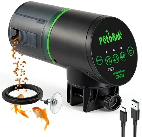 Petbank Alimentador Automático de Peces - Alimentador de Peces Recargable con Temporizador y Cable de Carga USB, 200ML Dispensador de Comida para Acuarios o Peceras,Negro