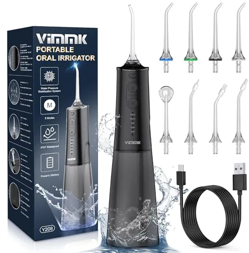 Irrigador Bucal Portatil, Vimmk Irrigador Dental Inalámbrico Profesional 8 Boquillas 5 Modos, IPX7 Impermeable 300ML USB-C Recargable Para Limpieza Dientes, Para el Hogar y los Viajes (Negro)