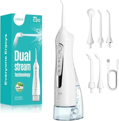 COSLUS C20 Irrigador Bucal Portatil Flosser: 300ML Irrigador Dental Inalámbrico de Riego para Limpieza Dental Doble chorro de agua IPX7 Impermeable Limpieza Diente Para Hogar baño Viajes Luz Blanco